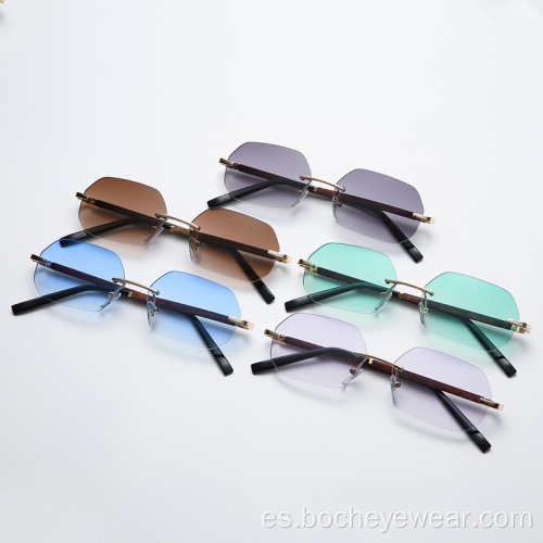 Nuevas gafas de sol poligonales sin marco de moda europea y americana Gafas de sol de color que cambian gradualmente para mujer tendencia pierna de grano de madera